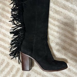 Black Suede Gianni Bini Knee high boots with fringe.